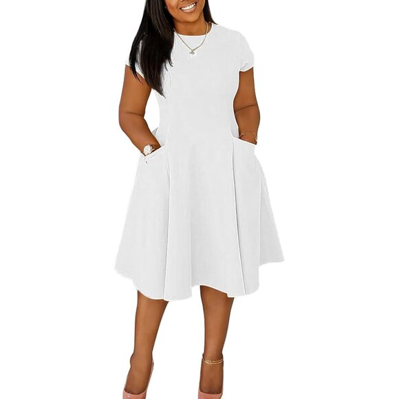 Plus Size Women's Midi Dress Short Sleeve Ruffle Pockets Casual Summer - Picture 1 of 3